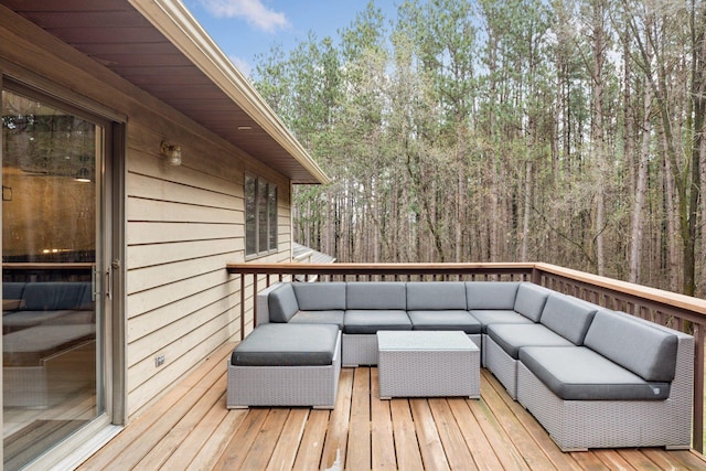265 Red Pine Trl, Saint Joseph Twp, WI 54016 - wooden terrace with an outdoor living space and a forest view