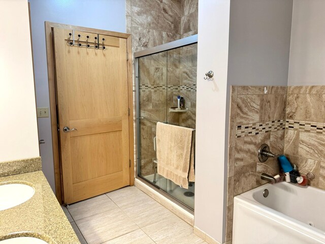 766 County Road F E, Vadnais Heights, MN 55127 - full bath with a shower with door, a tub, tile patterned floors, and vanity