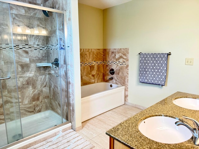 766 County Road F E, Vadnais Heights, MN 55127 - bathroom with a stall shower, a bath, and double vanity
