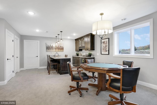 13714 Park Haven Trl NE, Prior Lake, MN 55372 - rec room featuring wet bar, baseboards, light carpet, recessed lighting, and a chandelier