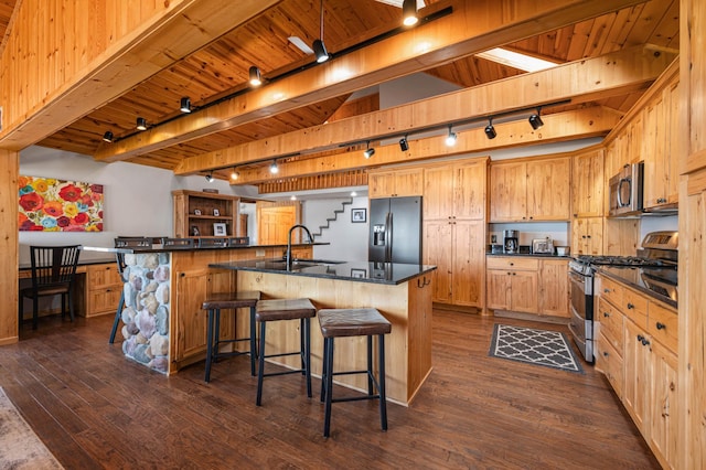 19490 Ruff Shores Rd, Harris Twp, MN 55744 - kitchen with track lighting, stainless steel appliances, dark countertops, a sink, and a breakfast bar area