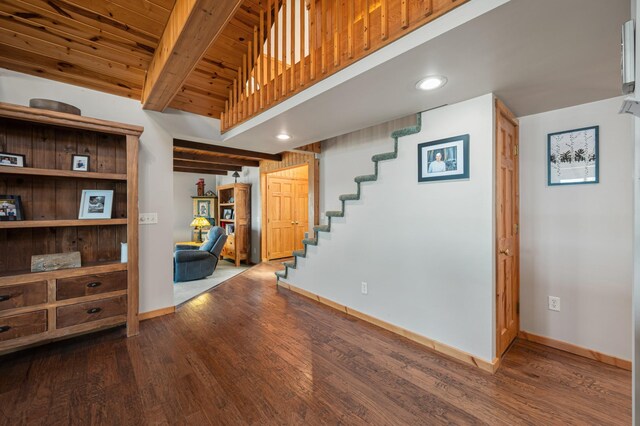 19490 Ruff Shores Rd, Harris Twp, MN 55744 - interior space with stairway, baseboards, wood finished floors, wood ceiling, and recessed lighting