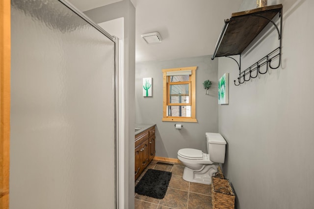 19490 Ruff Shores Rd, Harris Twp, MN 55744 - bathroom featuring a shower stall, vanity, baseboards, and toilet