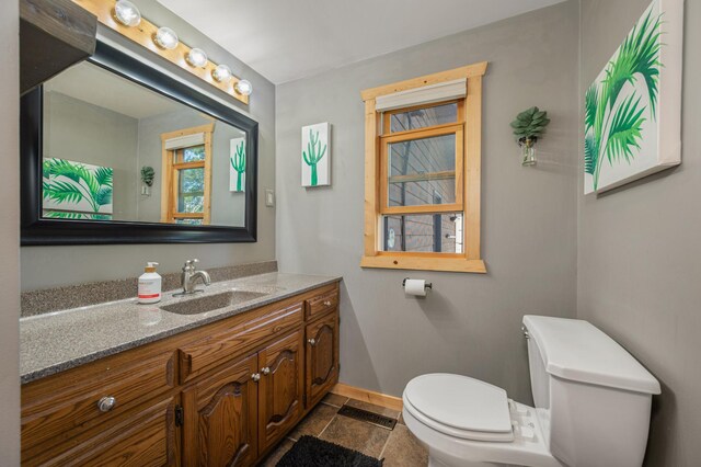 19490 Ruff Shores Rd, Harris Twp, MN 55744 - half bath featuring baseboards, toilet, vanity, and stone finish floors