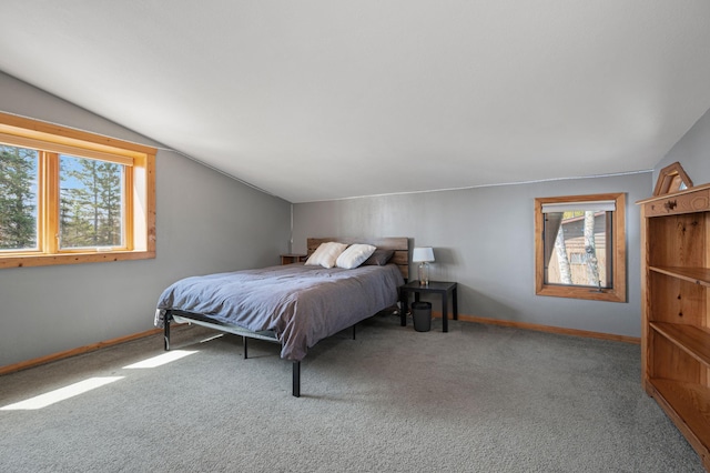 19490 Ruff Shores Rd, Harris Twp, MN 55744 - bedroom with lofted ceiling, multiple windows, baseboards, and carpet flooring