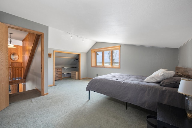 19490 Ruff Shores Rd, Harris Twp, MN 55744 - bedroom with carpet flooring, lofted ceiling, baseboards, and a closet