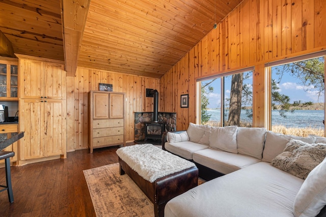 19490 Ruff Shores Rd, Harris Twp, MN 55744 - living area featuring wooden ceiling, a wood stove, wooden walls, dark wood-style floors, and high vaulted ceiling