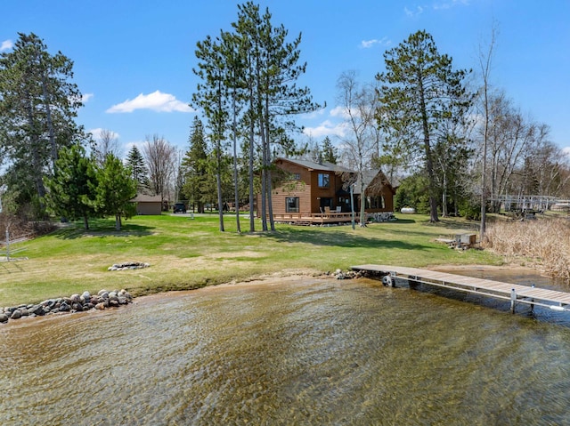 19490 Ruff Shores Rd, Harris Twp, MN 55744 - dock with a deck with water view, a lawn, and a fire pit