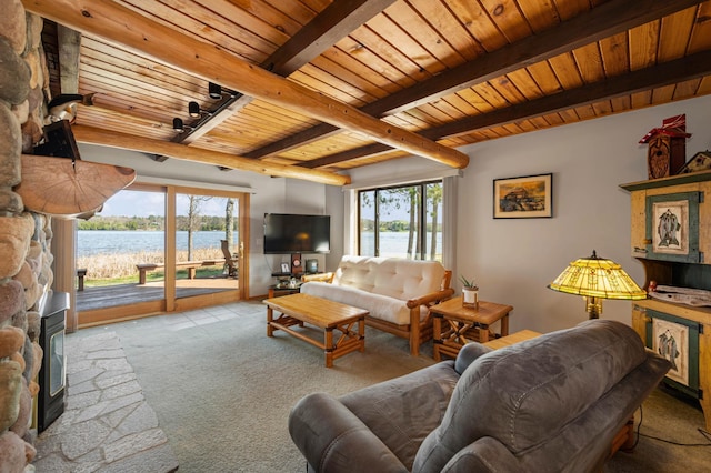 19490 Ruff Shores Rd, Harris Twp, MN 55744 - carpeted living room with wood ceiling, a fireplace, healthy amount of natural light, and beam ceiling