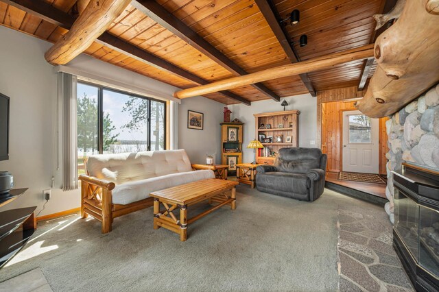 19490 Ruff Shores Rd, Harris Twp, MN 55744 - carpeted living room featuring wooden ceiling and beam ceiling