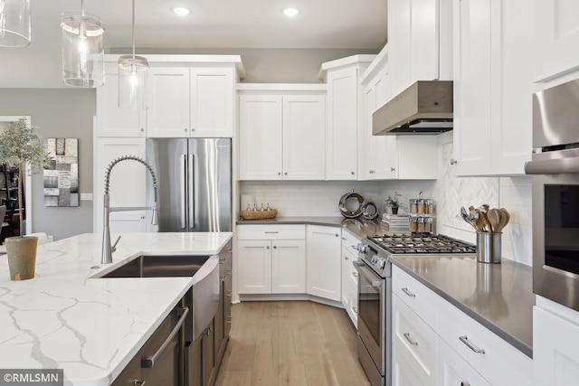 4104 Osprey Ct, Prior Lake, MN 55372 - kitchen featuring appliances with stainless steel finishes, under cabinet range hood, recessed lighting, white cabinetry, and decorative backsplash