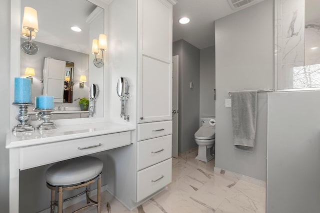 13642 44th St NE, Saint Michael, MN 55376 - bathroom with baseboards, marble look tiles, toilet, recessed lighting, and vanity