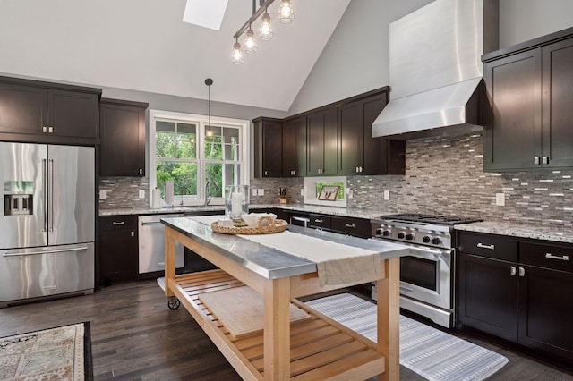 1701 Retreat Cir, Minnetrista, MN 55364 - kitchen featuring premium appliances, premium range hood, decorative light fixtures, decorative backsplash, and dark wood-style floors