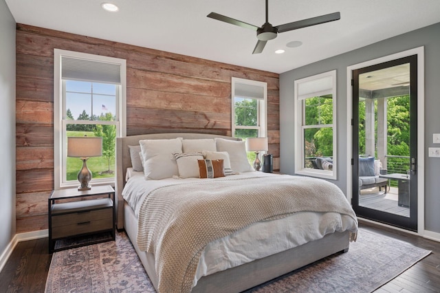 1701 Retreat Cir, Minnetrista, MN 55364 - bedroom featuring access to outside, wood walls, recessed lighting, wood finished floors, and a ceiling fan