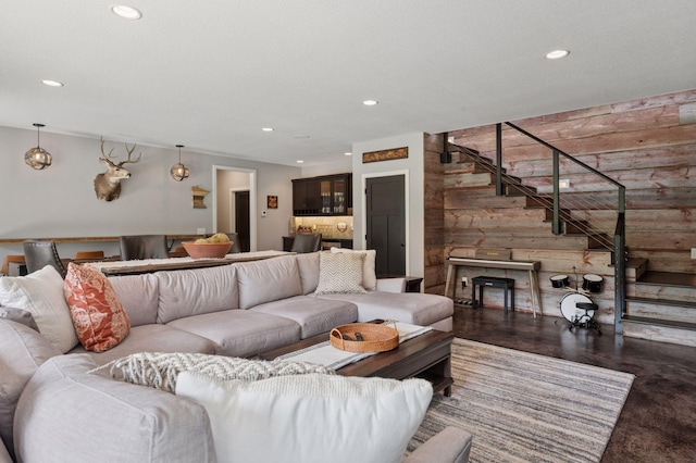1701 Retreat Cir, Minnetrista, MN 55364 - living room with wood walls, stairs, and recessed lighting