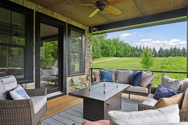 1701 Retreat Cir, Minnetrista, MN 55364 - wooden deck featuring an outdoor living space and a ceiling fan
