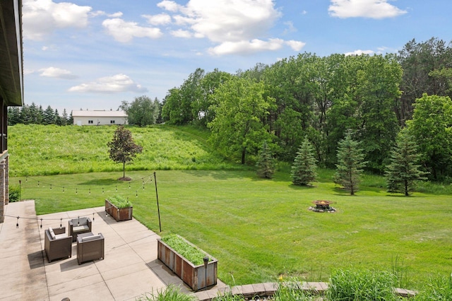 1701 Retreat Cir, Minnetrista, MN 55364 - view of green lawn featuring a patio area and an outdoor living space with a fire pit