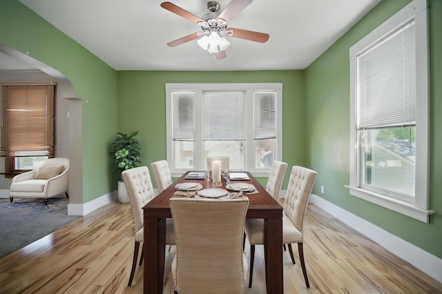 733 1st St SW, Faribault, MN 55021 - dining area with arched walkways, light wood-type flooring, baseboards, and ceiling fan