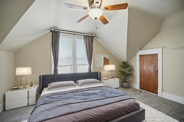 733 1st St SW, Faribault, MN 55021 - bedroom featuring carpet floors, baseboards, lofted ceiling, and a ceiling fan