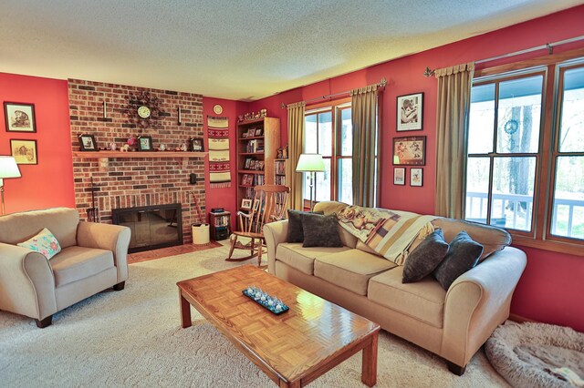 127 County Rd W, Pleasant Valley Twp, WI 54022 - living area with plenty of natural light, carpet floors, a textured ceiling, and a brick fireplace