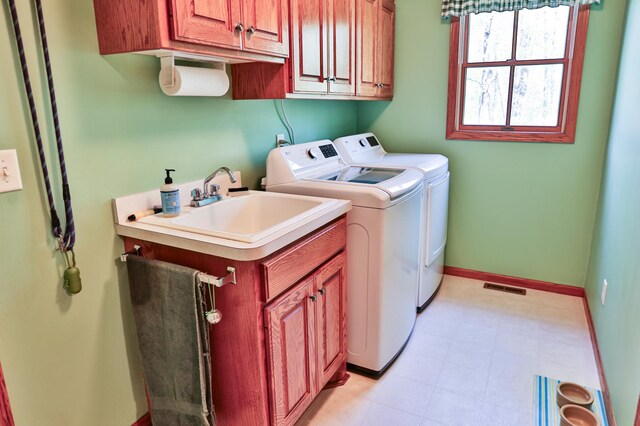 127 County Rd W, Pleasant Valley Twp, WI 54022 - laundry area featuring cabinet space, washer and clothes dryer, and baseboards