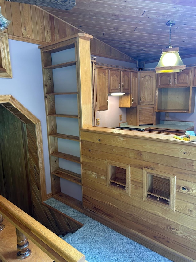 25622 Blue Bonnet Rd, Center Twp, MN 56465 - kitchen featuring lofted ceiling, carpet flooring, and hanging light fixtures