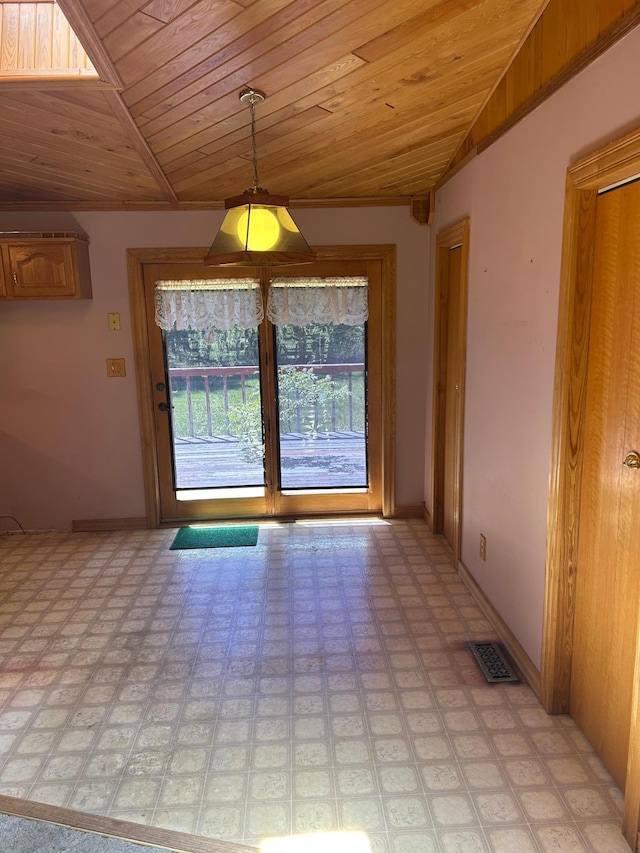 25622 Blue Bonnet Rd, Center Twp, MN 56465 - unfurnished dining area with wood ceiling, baseboards, and vaulted ceiling