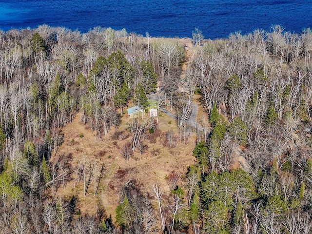 drone / aerial view of a large body of water and a heavily wooded area