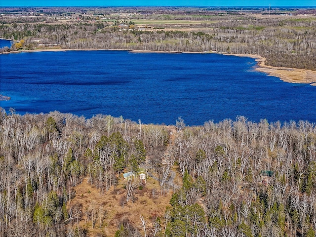 drone / aerial view of a large body of water and a heavily wooded area