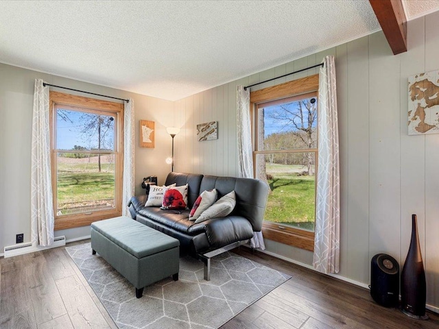 15921 Eaglewood Dr, Bay Lake Twp, MN 56444 - living room featuring baseboard heating, wood-type flooring, a textured ceiling, and baseboards