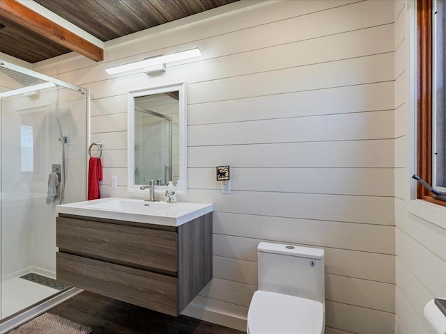 15921 Eaglewood Dr, Bay Lake Twp, MN 56444 - bathroom with a stall shower, vanity, toilet, wooden walls, and wooden ceiling