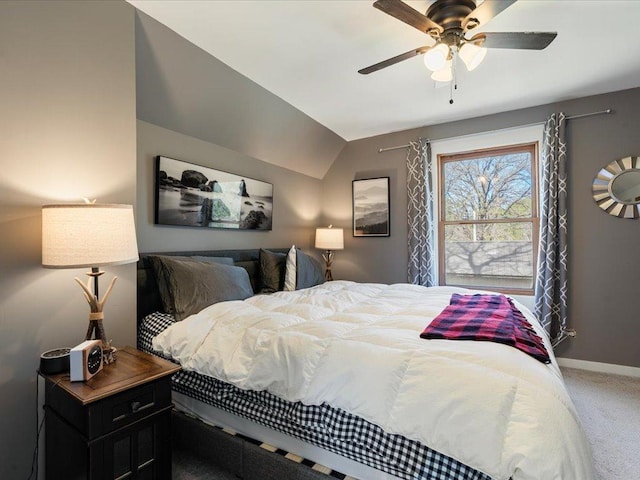 15921 Eaglewood Dr, Bay Lake Twp, MN 56444 - bedroom featuring carpet, lofted ceiling, baseboards, and a ceiling fan