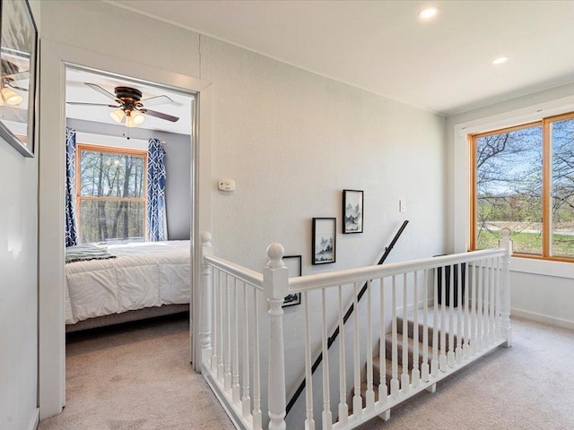 15921 Eaglewood Dr, Bay Lake Twp, MN 56444 - staircase with plenty of natural light, carpet floors, recessed lighting, and ceiling fan