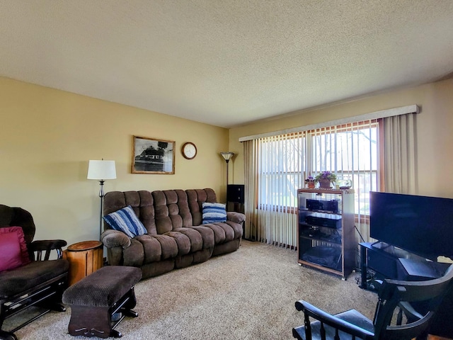 carpeted living room featuring a textured ceiling