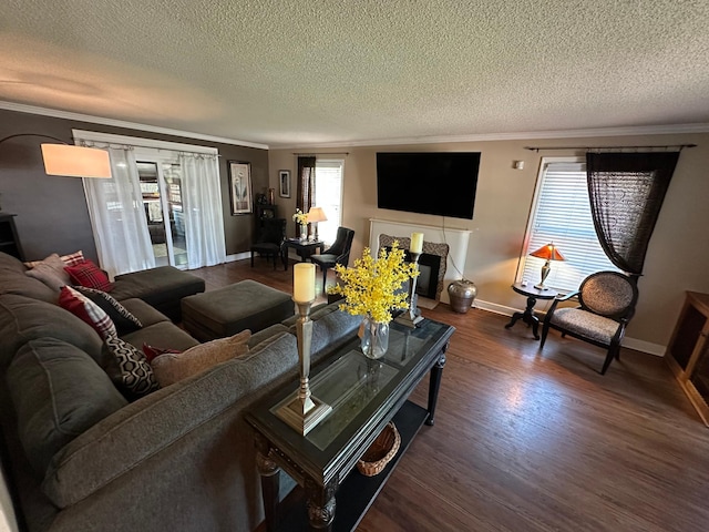 living area with a textured ceiling, ornamental molding, dark wood-type flooring, and baseboards