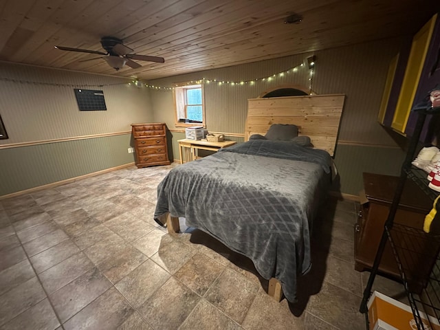 bedroom featuring baseboards, wooden ceiling, and wooden walls
