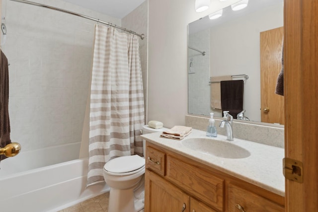 1034 111th Ave NE, Blaine, MN 55434 - bathroom with shower / tub combo with curtain, vanity, toilet, and tile patterned flooring