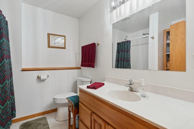 1034 111th Ave NE, Blaine, MN 55434 - bathroom with vanity, toilet, a shower with shower curtain, baseboards, and tile patterned flooring