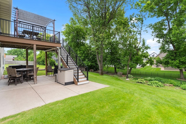 1034 111th Ave NE, Blaine, MN 55434 - view of yard with stairs, a patio area, outdoor dining space, and a wooden deck