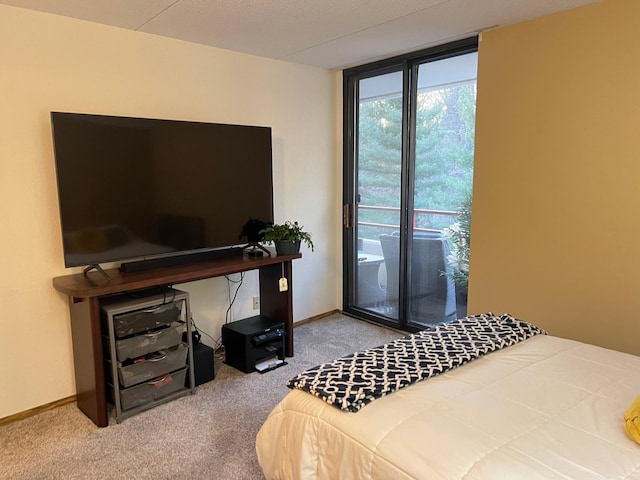carpeted bedroom with access to outside and baseboards
