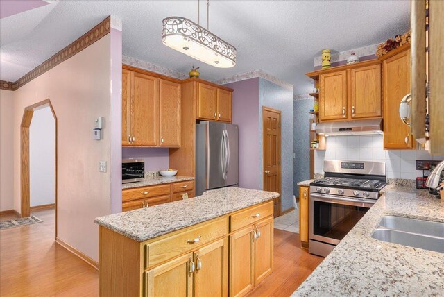 9230 Cheney Trl, Inver Grove Heights, MN 55076 - kitchen with stainless steel appliances, a sink, under cabinet range hood, light wood-type flooring, and tasteful backsplash