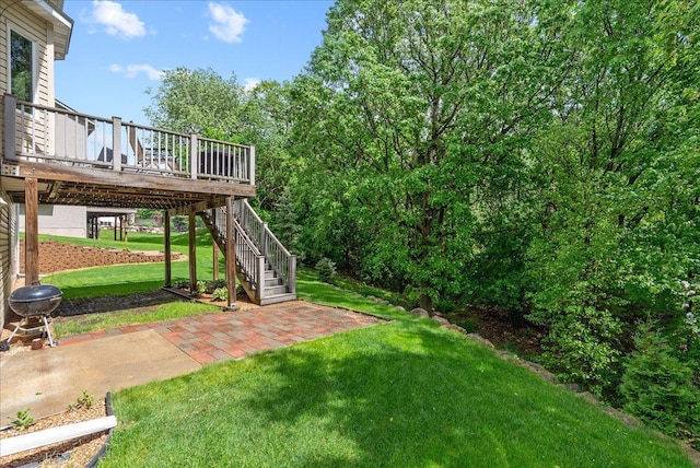 9230 Cheney Trl, Inver Grove Heights, MN 55076 - view of grassy yard with stairway, a deck, and a patio area