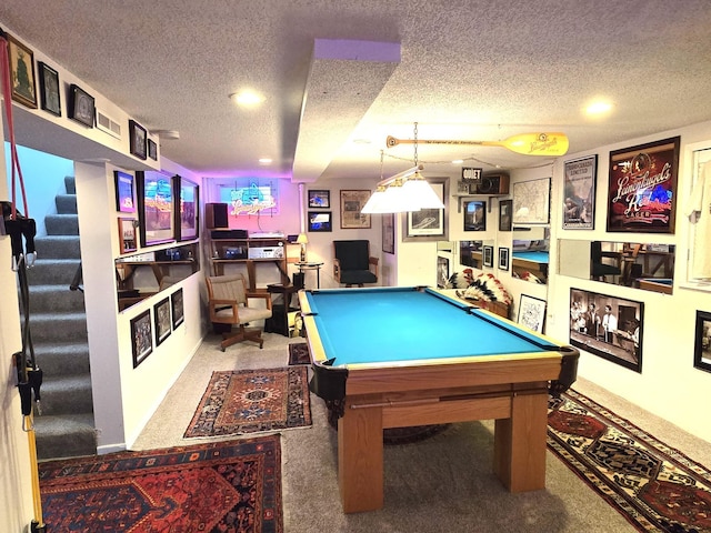playroom featuring a textured ceiling, pool table, carpet flooring, and recessed lighting