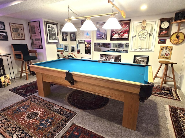 rec room featuring billiards table, carpet, and baseboards