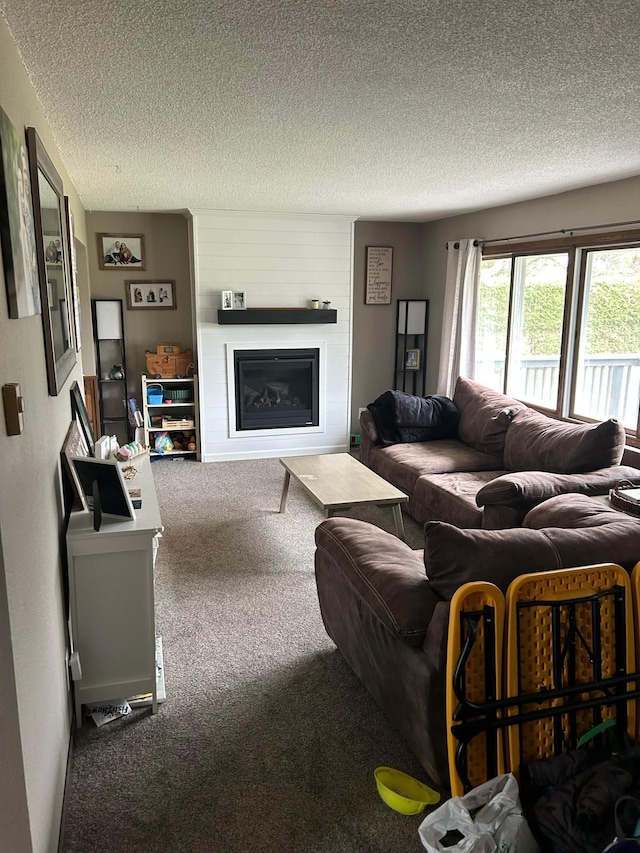 7424 Ely Lake Dr, Fayal Twp, MN 55734 - living room with carpet, a textured ceiling, and a glass covered fireplace