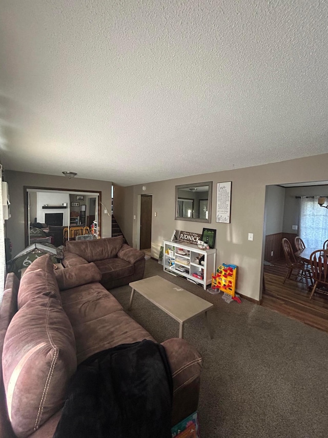 7424 Ely Lake Dr, Fayal Twp, MN 55734 - living area featuring a textured ceiling, stairs, carpet flooring, and baseboards