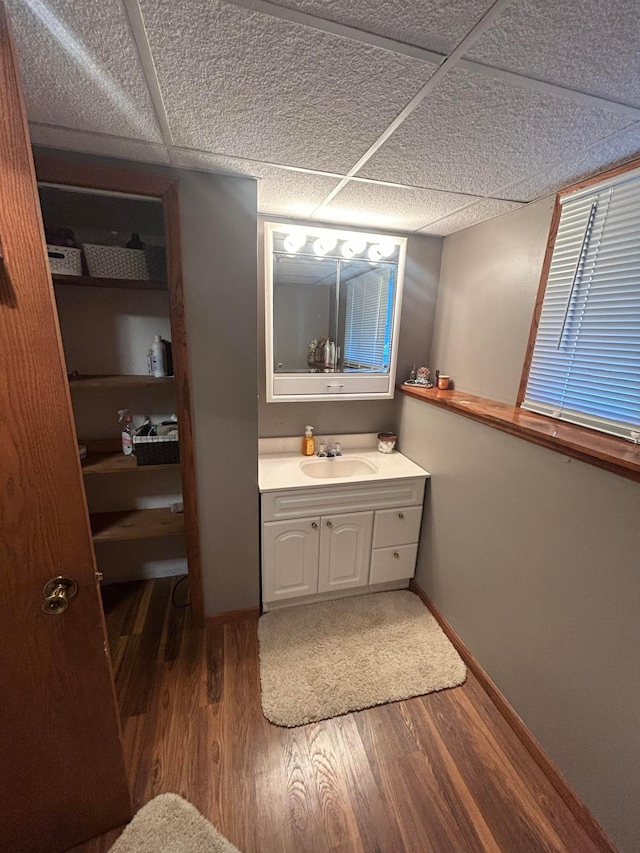 7424 Ely Lake Dr, Fayal Twp, MN 55734 - bathroom with wood finished floors, vanity, baseboards, and a drop ceiling