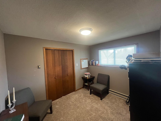 7424 Ely Lake Dr, Fayal Twp, MN 55734 - sitting room with carpet flooring, a baseboard radiator, and a textured ceiling