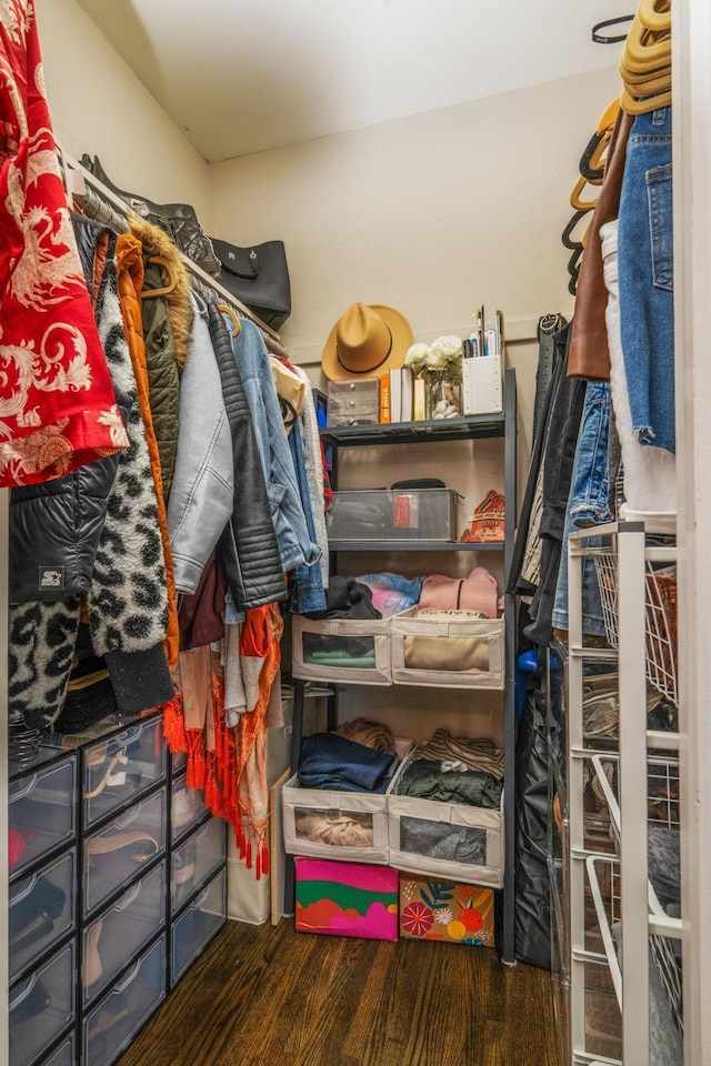 walk in closet with wood finished floors