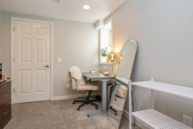 carpeted home office featuring baseboards and recessed lighting